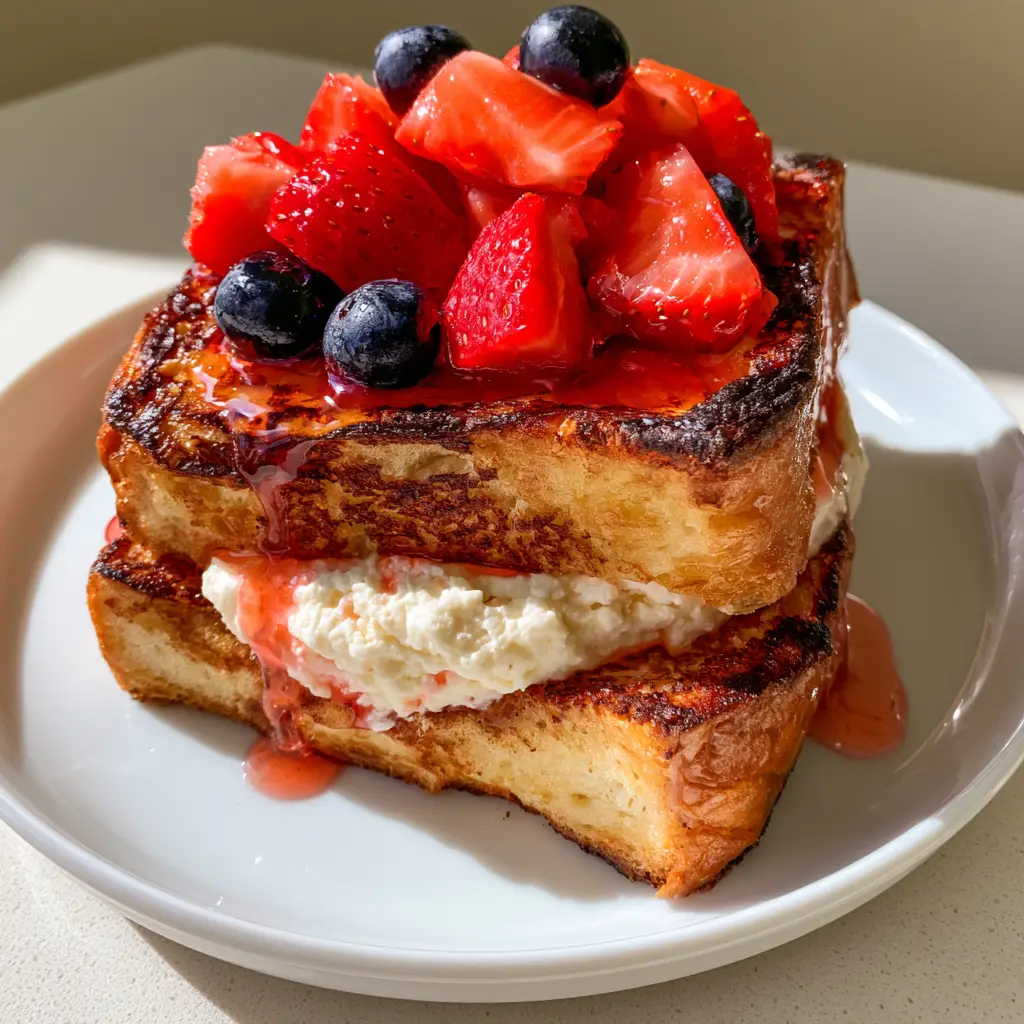 Strawberry Stuffed French Toast with Cream Cheese Filling 1 High angle shot of Strawberry Stuffed French Toast on a white ceramic plate with a thick layer of smooth cream cheese filling.