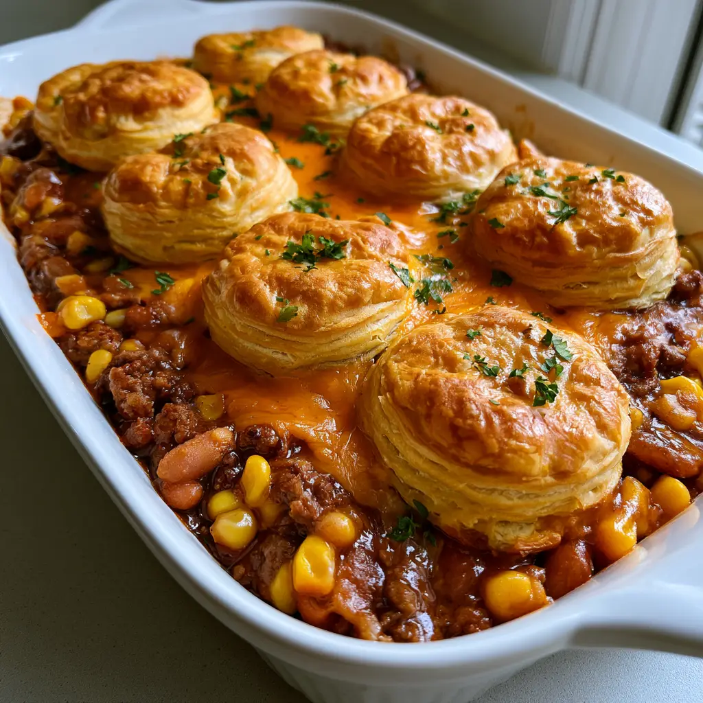 Cowboy Casserole with Biscuits: The Ultimate Flaky Comfort Food 2 Close up view of golden-brown biscuits on top of a beef and bean casserole. (Cowboy Casserole with Biscuits)
