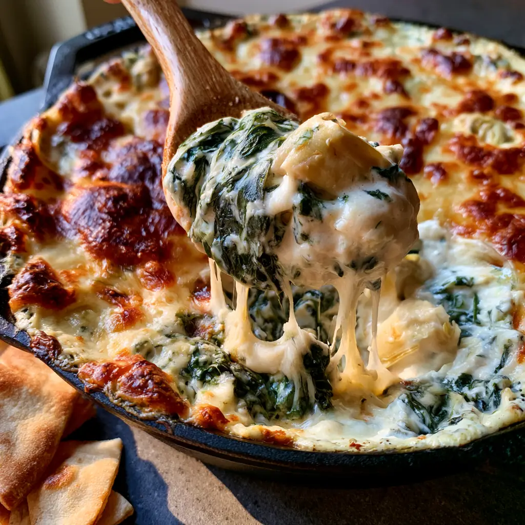 Baked Spinach Artichoke Dip with Toasted Parmesan Crust 1 High angle shot of Baked Spinach Artichoke Dip with toasted pita chip triangles on a dark stone surface.