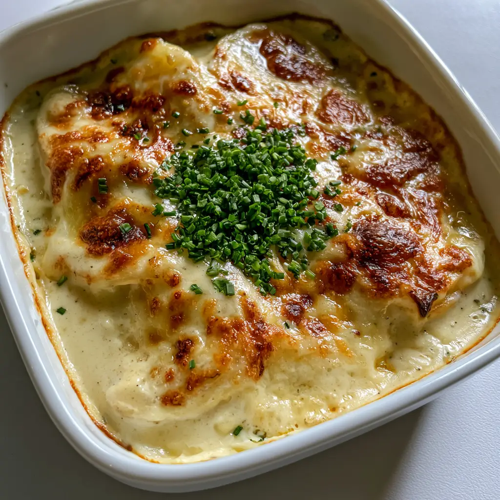 Delmonico Potatoes Recipe: The Ultimate Creamy Cheesy Casserole 2 A close-up handheld smartphone photo of Delmonico Potatoes Recipe showing the thick heavy cream sauce and melted sharp cheddar cheese.
