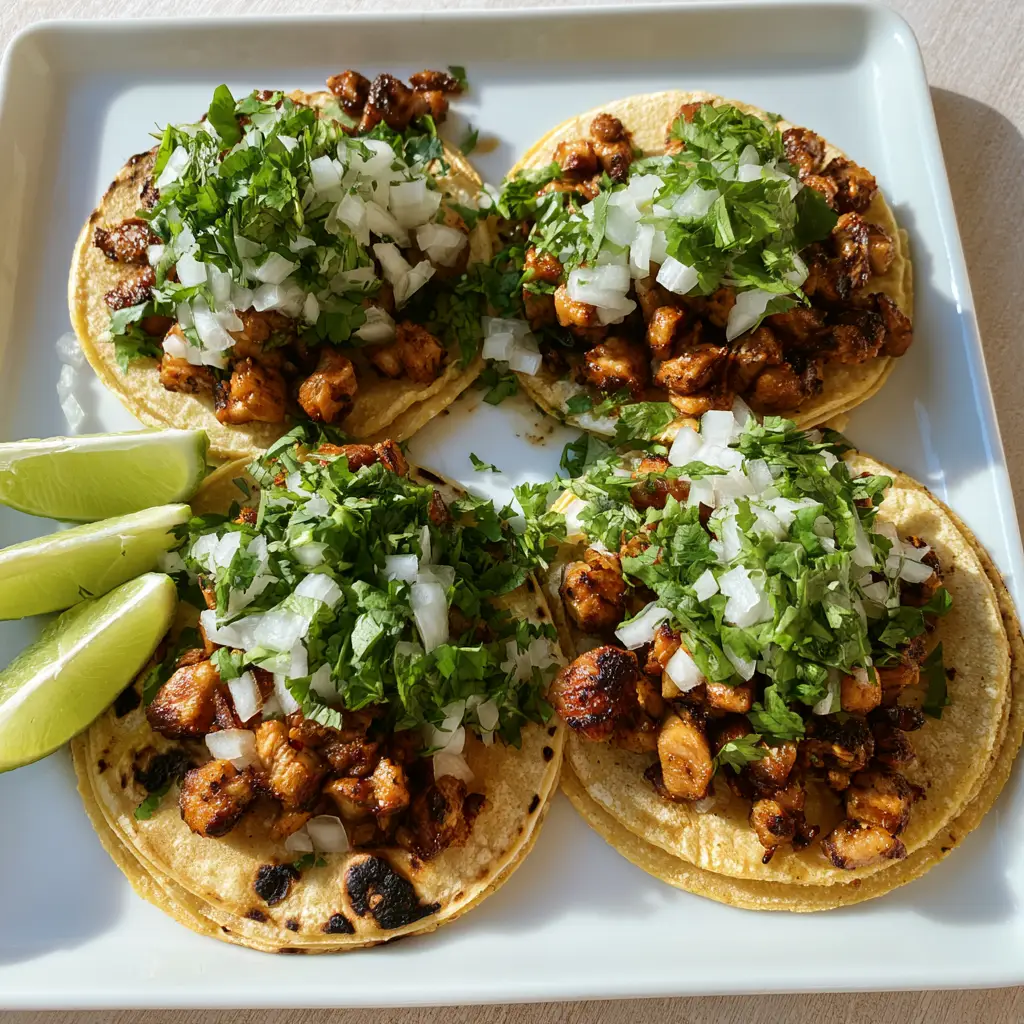 Chicken Street Tacos: Authentic Citrus-Marinated Grilled Chicken 1 Chicken Street Tacos on a white plate with fresh lime wedges, onions, and cilantro garnish.