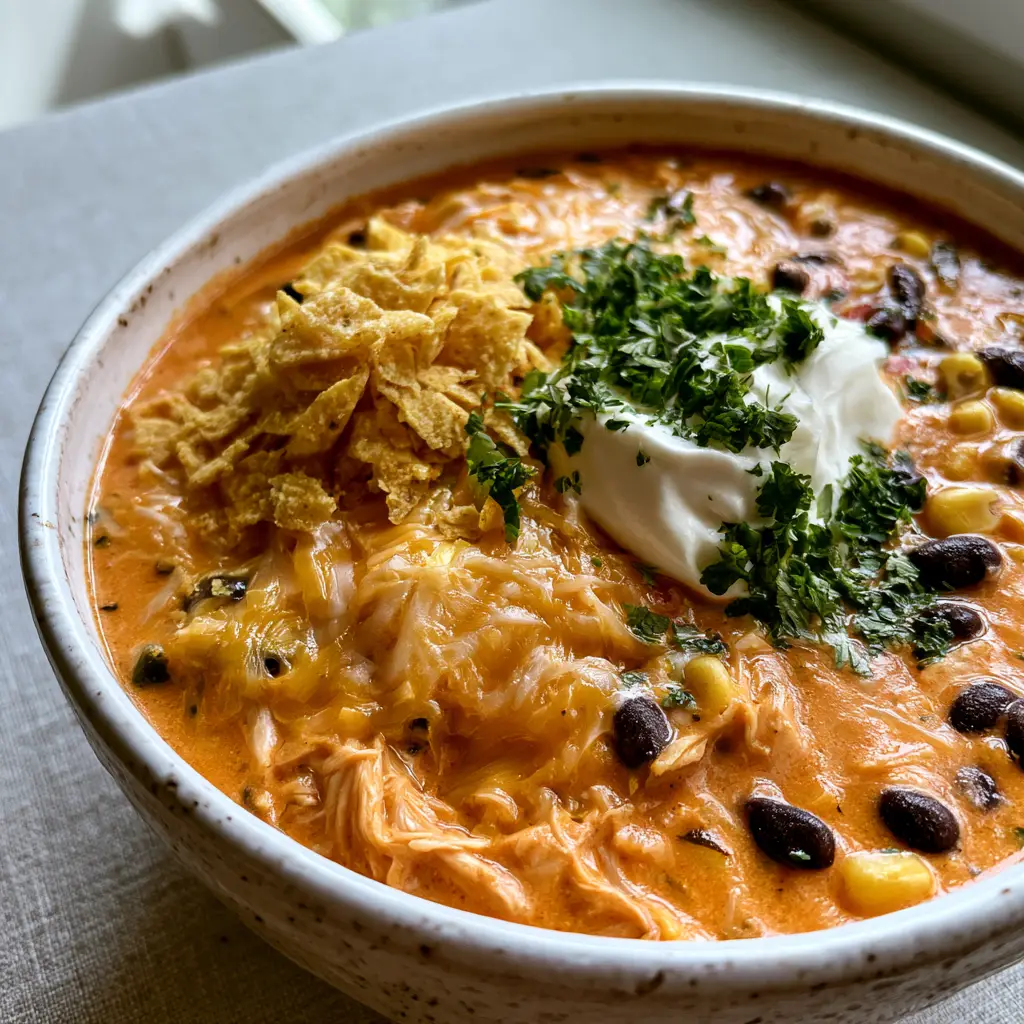 Chicken Enchilada Soup: The Creamiest One-Pot Mexican Dinner 2 Close up shot of Chicken Enchilada Soup highlighting the shredded chicken, black beans, and melted monterey jack cheese.