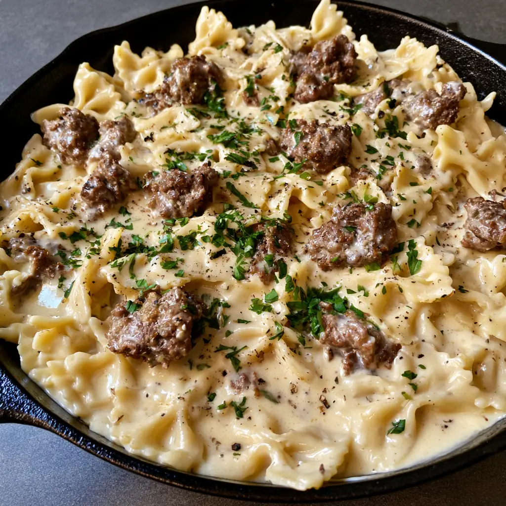 Creamy Garlic Parmesan Beef Bowtie Pasta 2 Close up view of glossy ivory cream sauce coating farfalle pasta and browned beef in a skillet.
