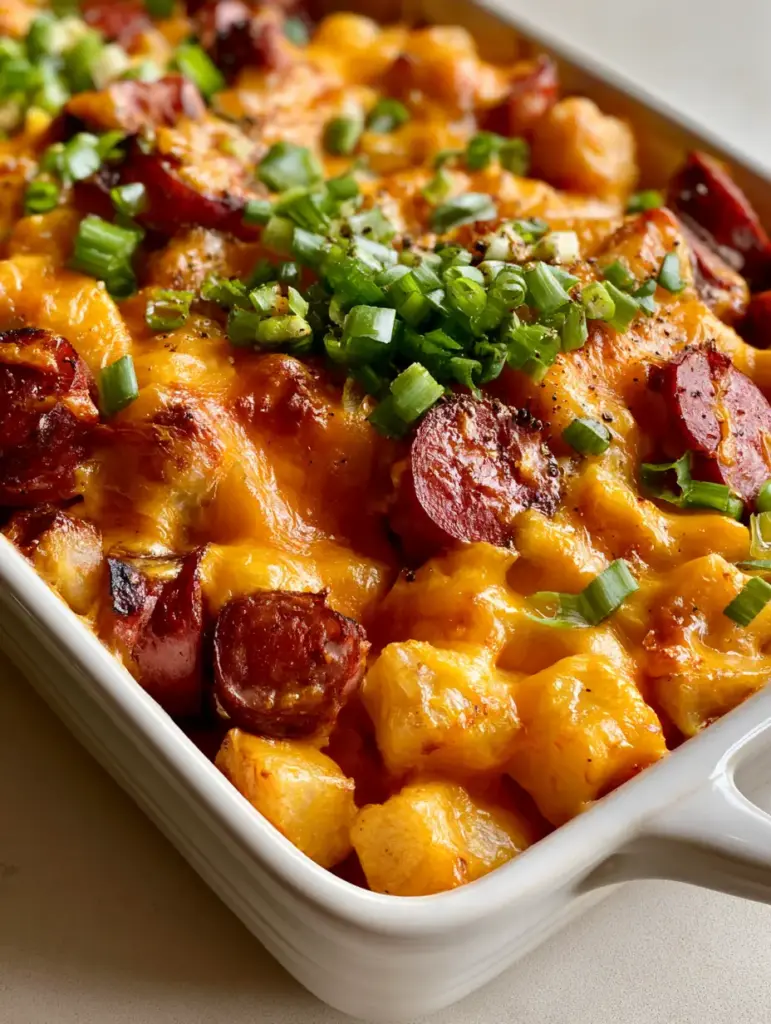 Kielbasa Potato Casserole: The Ultimate Cheesy Comfort Food 1 A top-down view of Kielbasa Potato Casserole in a white baking dish garnished with green onions and black pepper.