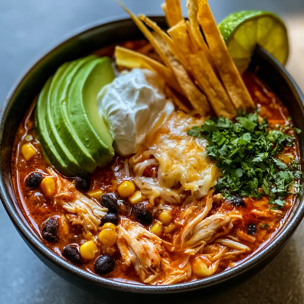 Easy Chicken Tortilla Soup (The Best 30-Minute Dinner) 2 Close up of Easy Chicken Tortilla Soup showing reddish-orange tomato broth and crispy golden tortilla strips.