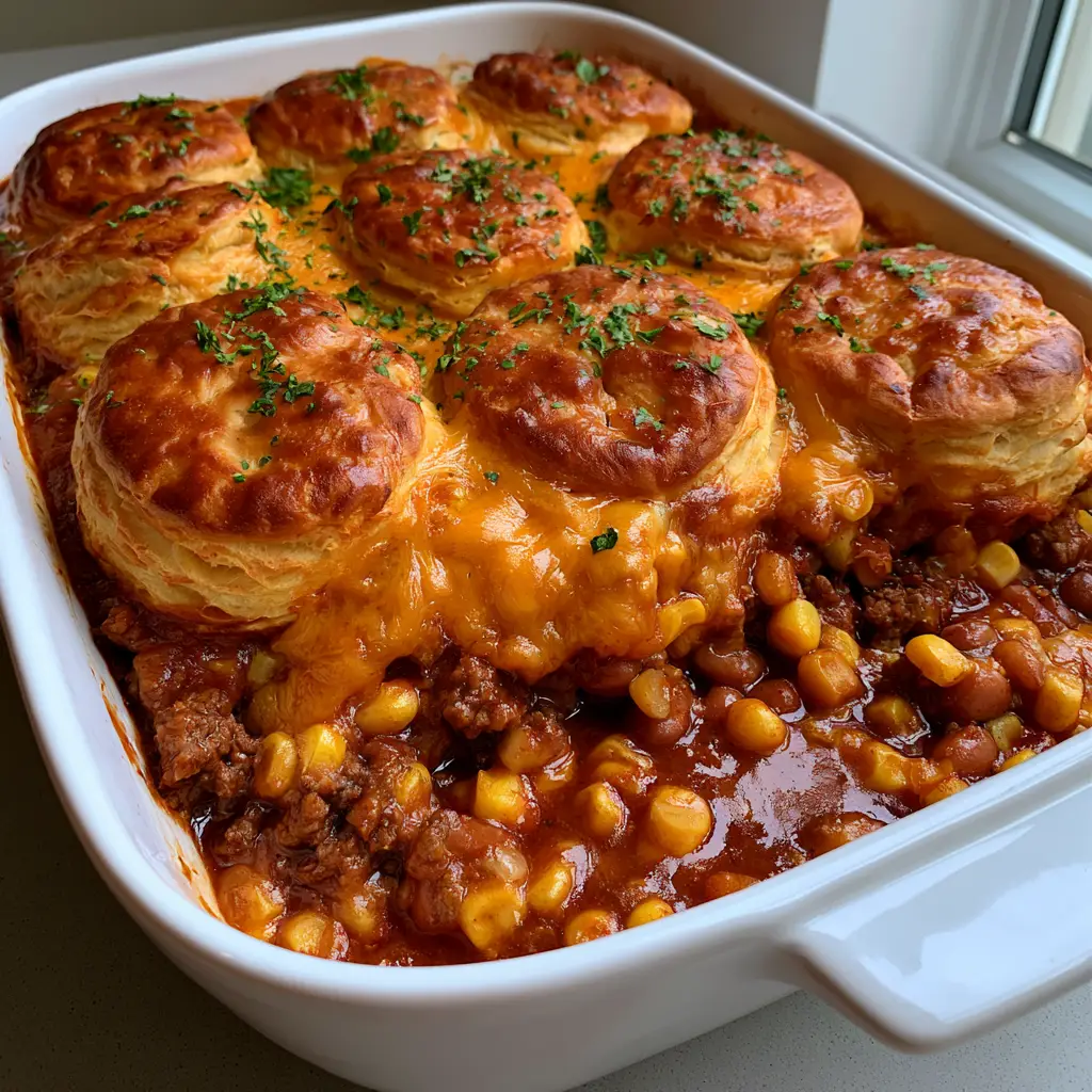 Cowboy Casserole with Biscuits: The Ultimate Flaky Comfort Food 1 Top down shot of Cowboy Casserole with Biscuits in a white dish showing melted bubbly cheddar and fresh parsley garnish.