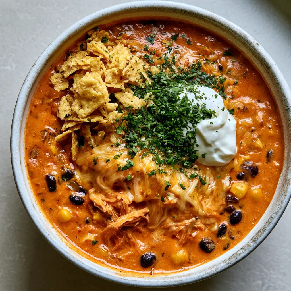 Chicken Enchilada Soup: The Creamiest One-Pot Mexican Dinner 1 Chicken Enchilada Soup served in a rustic bowl with a dollop of sour cream and fresh cilantro dusting.
