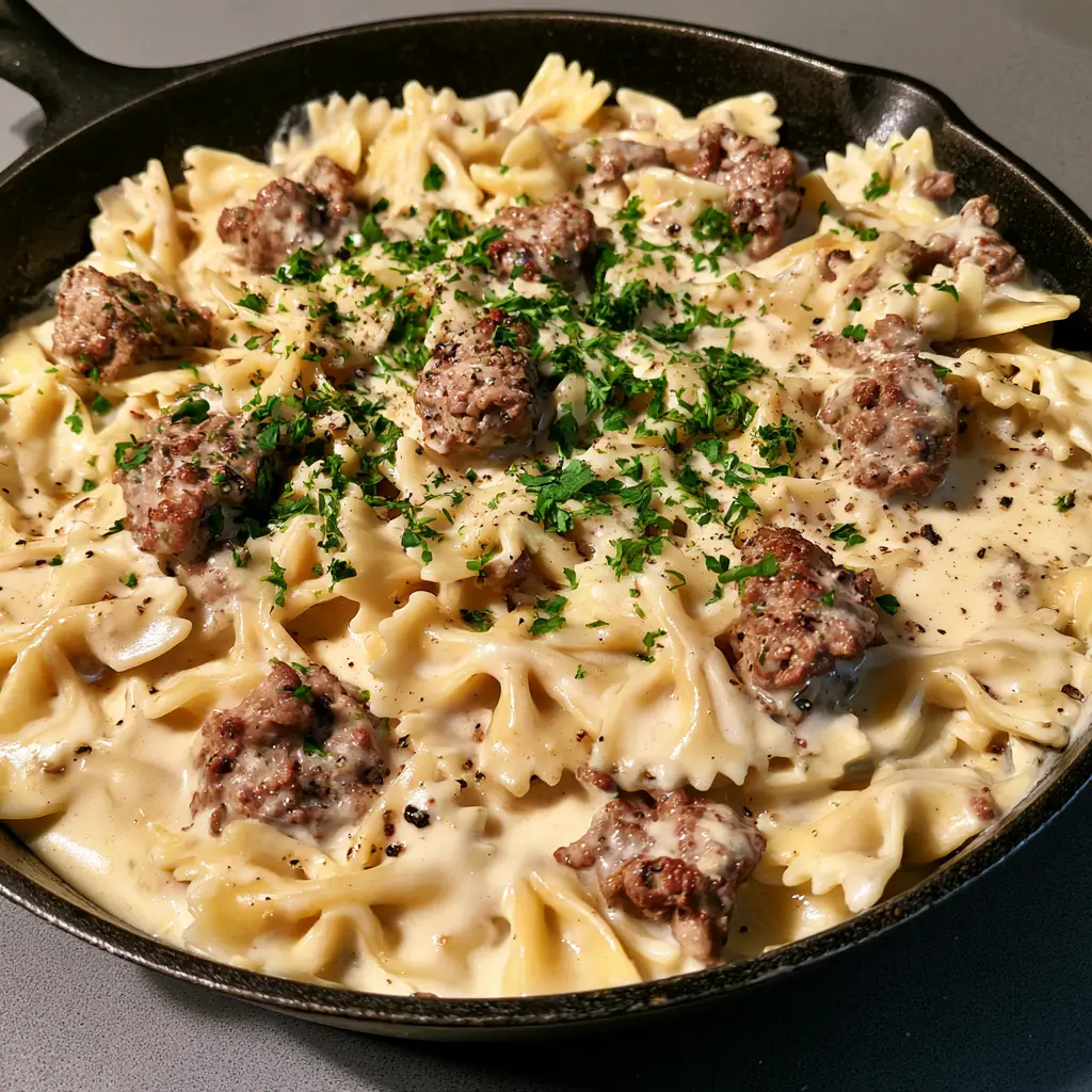 Creamy Garlic Parmesan Beef Bowtie Pasta 1 Creamy Garlic Parmesan Beef Bowtie Pasta garnished with parsley and cracked black pepper in a cast iron pan.
