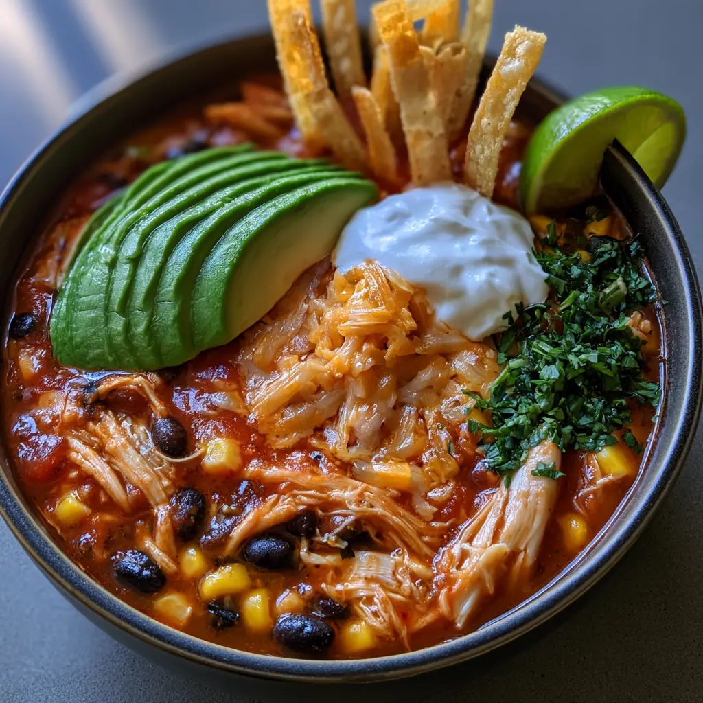 Easy Chicken Tortilla Soup (The Best 30-Minute Dinner) 1 Overhead shot of Easy Chicken Tortilla Soup garnished with sour cream, cheddar cheese, and lime.