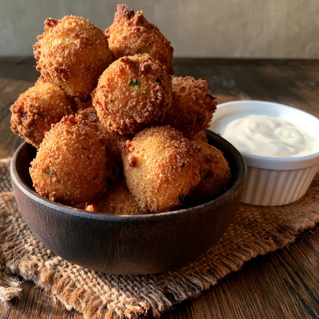 Southern Hush Puppies: The Ultimate Crispy & Fluffy Recipe 2 Close up of deep-fried cornmeal balls showing a craggy crust and green scallion specks. (Southern Hush Puppies)