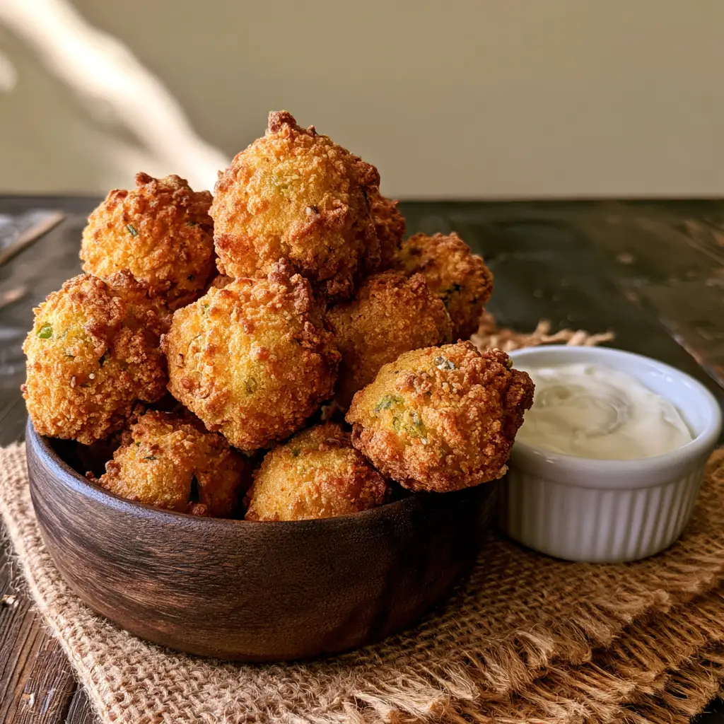 Southern Hush Puppies: The Ultimate Crispy & Fluffy Recipe 1 Southern Hush Puppies in a rustic dark wooden bowl on a burlap cloth next to a ceramic ramekin of tartar sauce.
