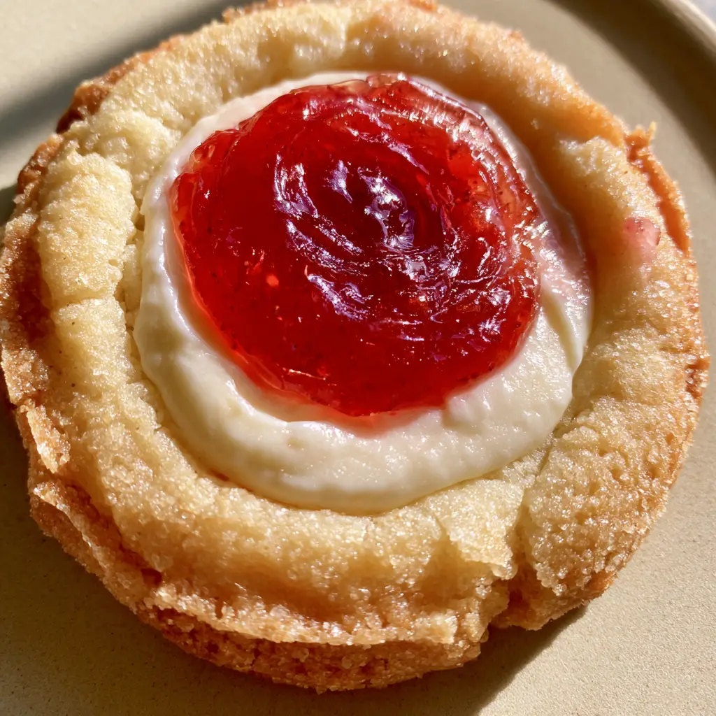 Close up of Strawberry Cheesecake Cookies showing the tender golden-brown crumb and granulated sugar coating.