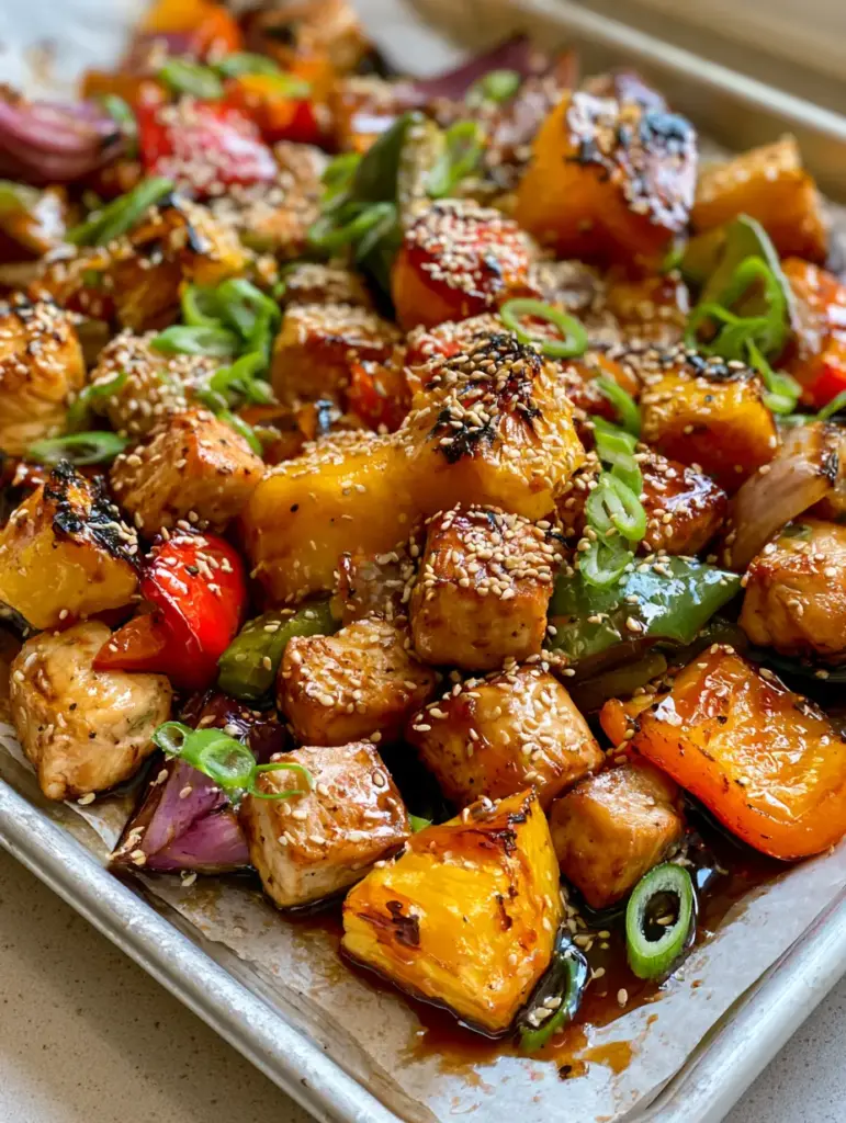 Hawaiian Chicken Sheet Pan with Glossy Teriyaki Glaze 1 A full view of the Hawaiian Chicken Sheet Pan meal featuring vibrant red and green bell peppers and roasted red onion wedges.