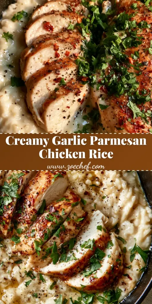 Garlic Parmesan Chicken and Rice: The Ultimate Creamy One-Skillet Dinner 3 A black cast iron skillet containing creamy Garlic Parmesan Chicken and Rice topped with sliced golden-brown chicken, red chili flakes, and fresh parsley.