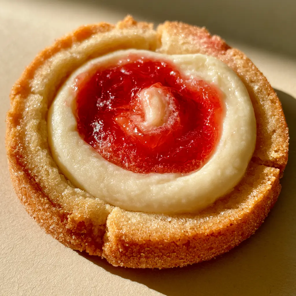 Strawberry Cheesecake Cookies Recipe: Soft & Jammy Perfection 1 Detail view of the glossy red strawberry jam swirl on top of matte white cream cheese filling in a cookie center.
