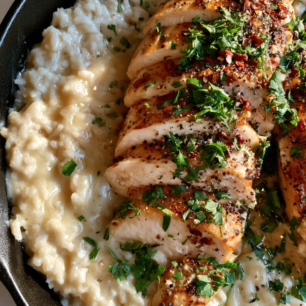 Garlic Parmesan Chicken and Rice: The Ultimate Creamy One-Skillet Dinner 2 Close-up top-down view of glistening creamy parmesan rice and seared sliced chicken breast garnished with green parsley. (Garlic Parmesan Chicken and Rice)