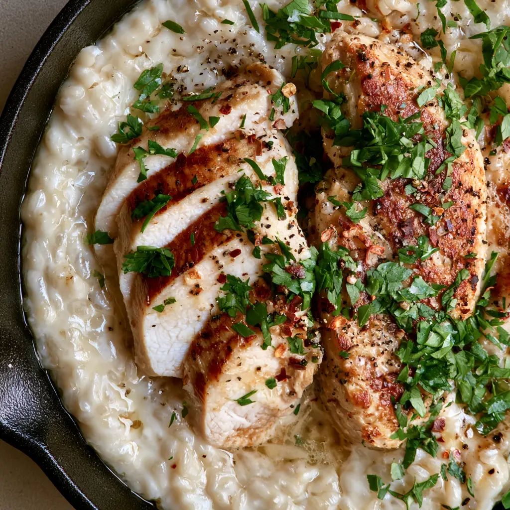 Garlic Parmesan Chicken and Rice: The Ultimate Creamy One-Skillet Dinner 1 A home-cooked aesthetic shot of Garlic Parmesan Chicken and Rice showing the juicy interior of sliced chicken breast and vibrant red chili flakes.
