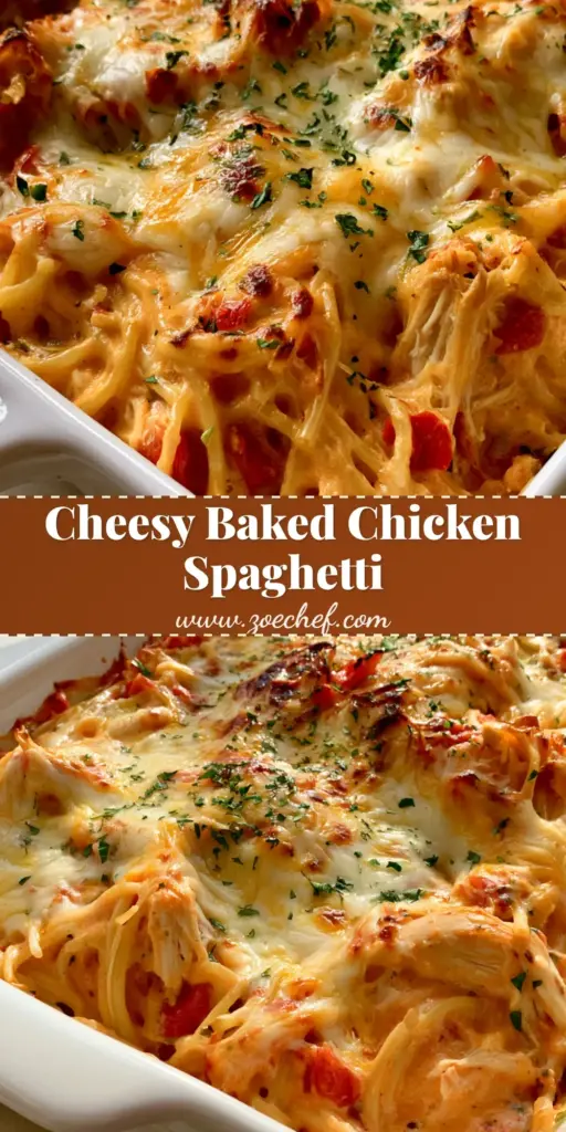 Chicken Spaghetti Casserole with Rotel and Creamy Cheese Sauce 4 A high-angle photo of a Chicken Spaghetti Casserole in a white dish, featuring a bubbling golden-yellow and white cheese crust with toasted spots and fresh parsley garnish.