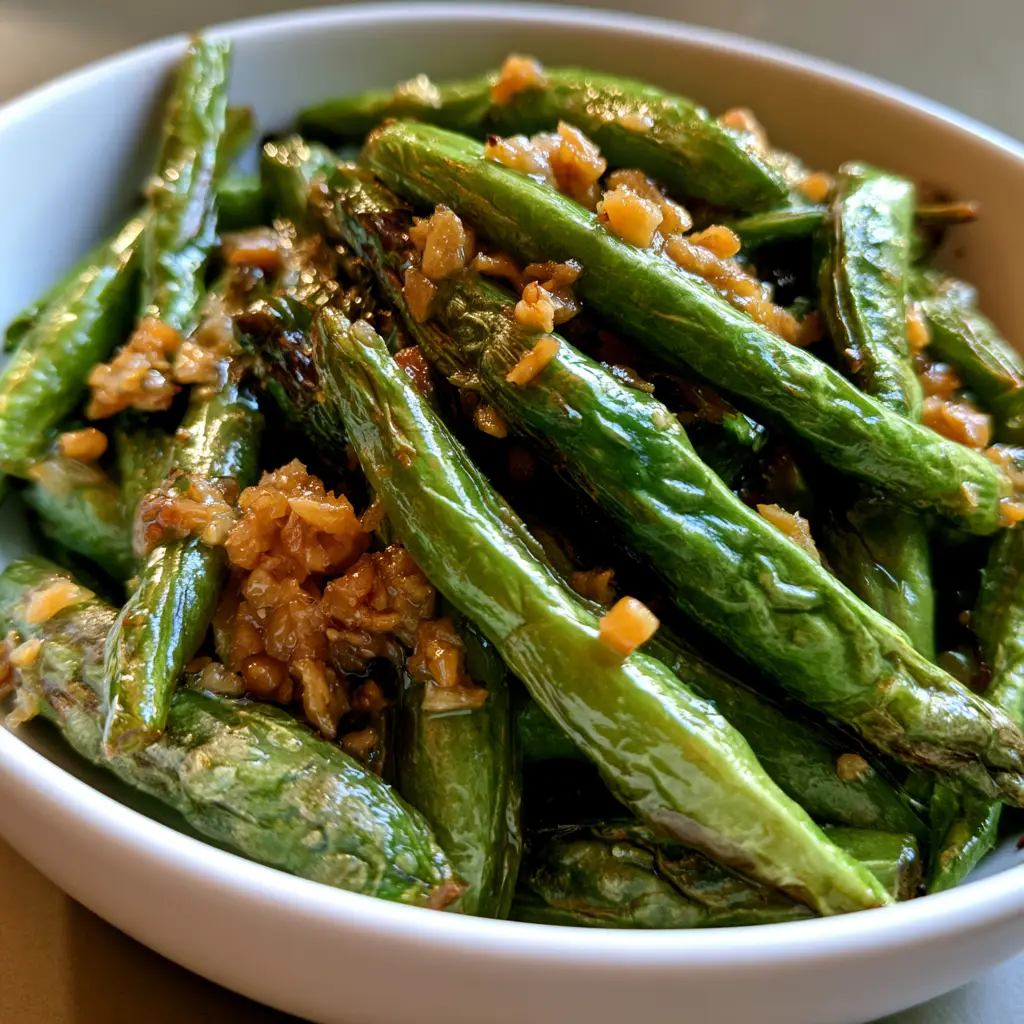 Blistered Garlic Green Beans: The Secret to Restaurant-Style Char 2 Close-up of Chinese green beans with wrinkled skins and fried minced garlic bits.