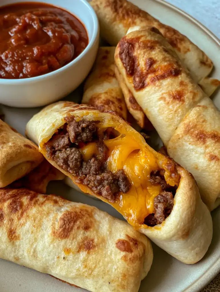 Cheesy Taco Sticks: The Ultimate 30-Minute Stuffed Pizza Dough Snack 1 Cheesy Taco Stick pulled apart to show the gooey melted cheese interior and crumbly taco meat.
