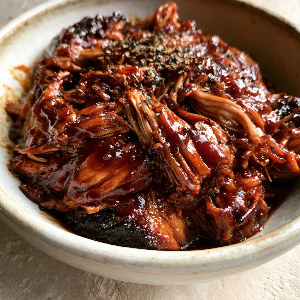 Slow Cooker BBQ Pulled Pork: The Ultimate Glossy Mahogany Recipe 2 Close-up of Slow Cooker BBQ Pulled Pork showing long tender fibers and glossy sauce texture.