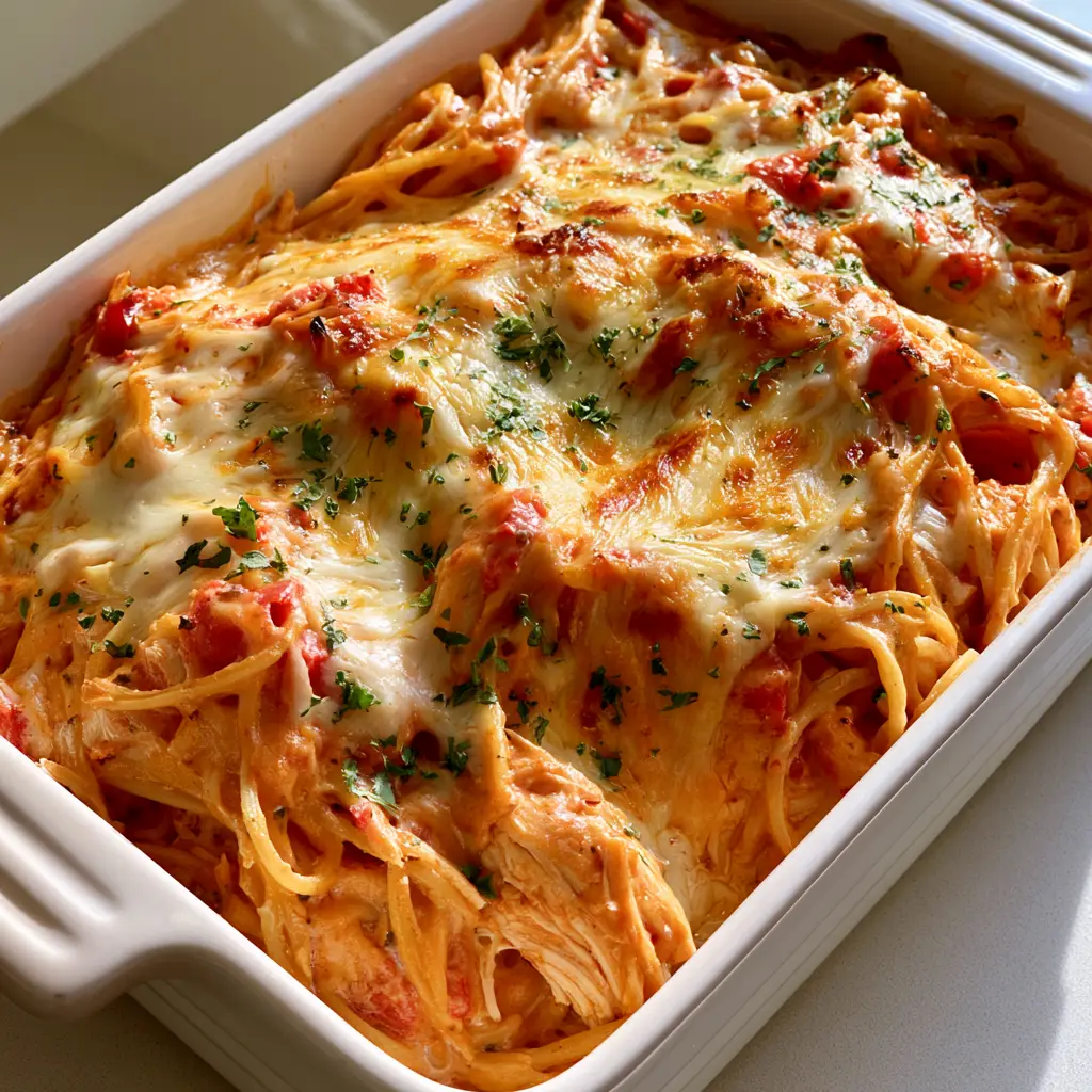 Chicken Spaghetti Casserole with Rotel and Creamy Cheese Sauce 2 Close-up of chicken spaghetti casserole showing orange-tinted cream sauce, shredded chicken, and melted cheese.