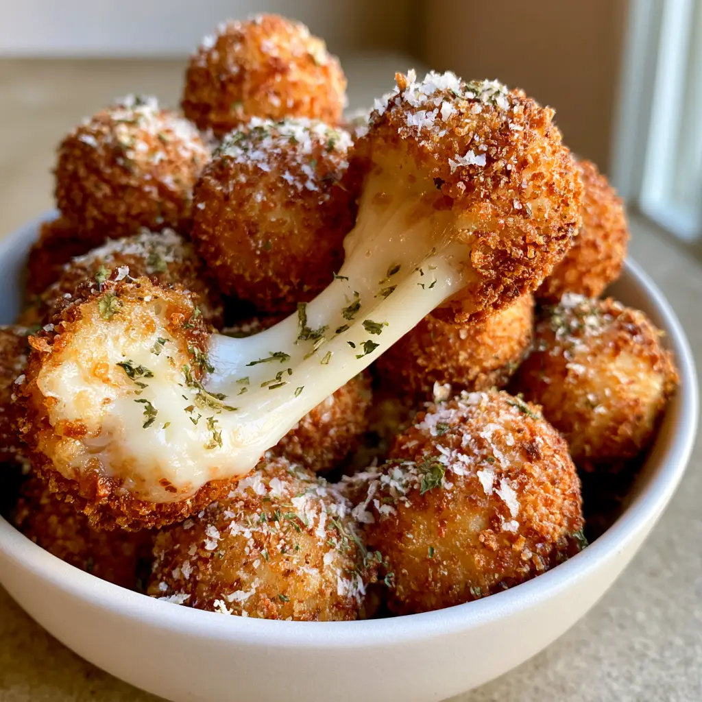 Close up of breaded Mozzarella Bites dusted with parmesan and dried parsley flakes.