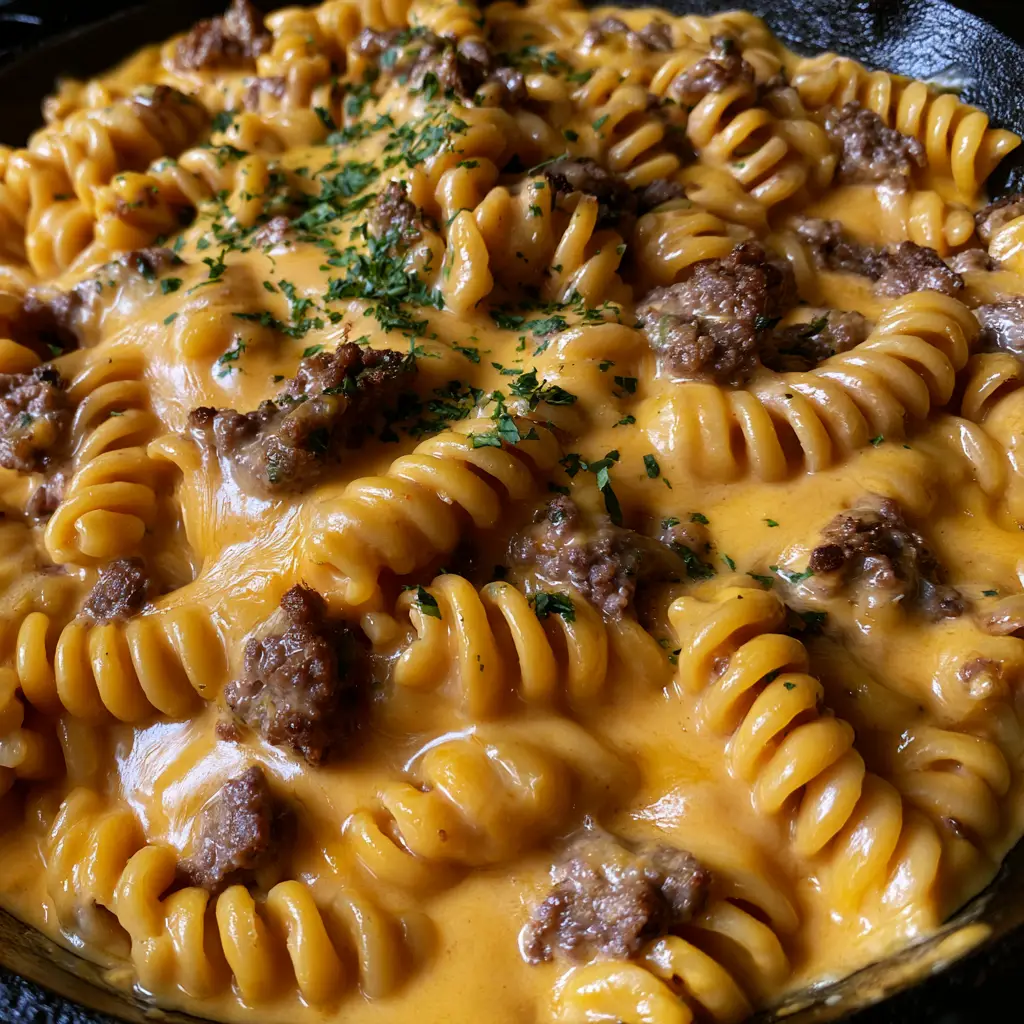Ground Beef Pasta with Thick Cheddar Cheese Sauce 2 Overhead shot of Ground Beef Pasta featuring rotini spirals and browned beef in glossy cheese sauce.
