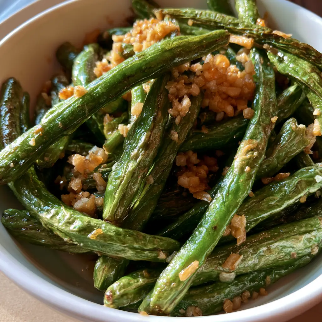 Blistered Garlic Green Beans: The Secret to Restaurant-Style Char 1 Sizzling blistered garlic green beans showing charred edges and a glossy soy-based sauce.