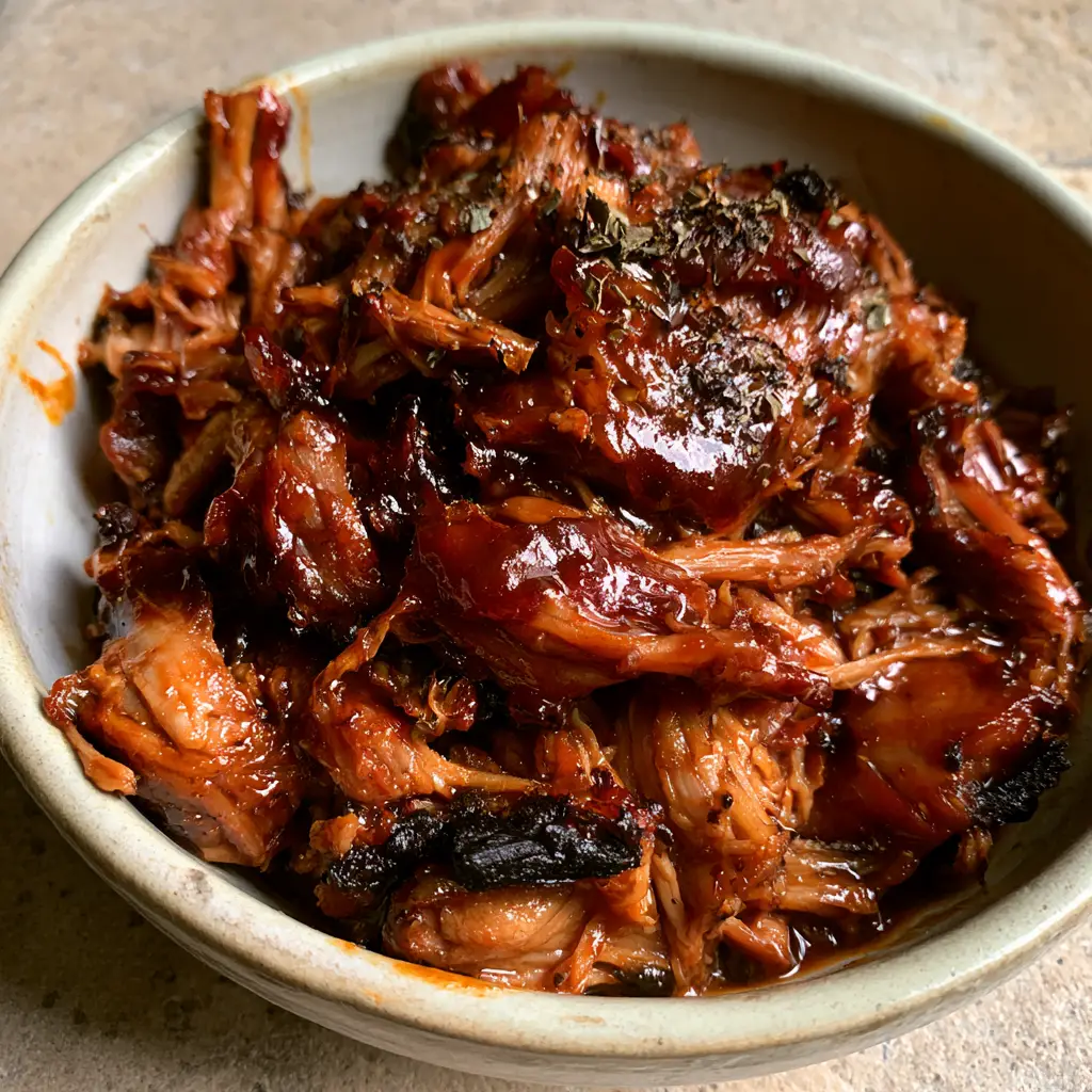 Slow Cooker BBQ Pulled Pork: The Ultimate Glossy Mahogany Recipe 1 Overhead view of Slow Cooker BBQ Pulled Pork garnished with oregano flakes and cracked black pepper.