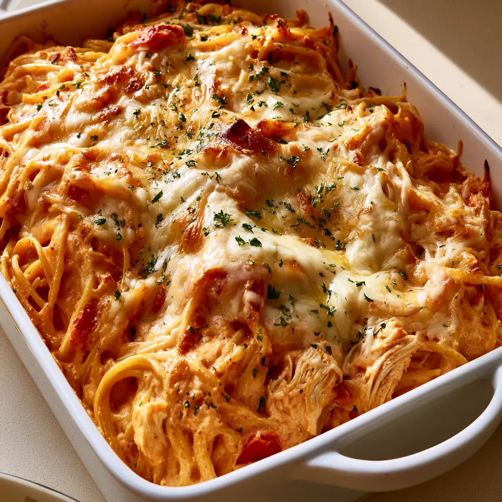 Chicken Spaghetti Casserole with Rotel and Creamy Cheese Sauce 1 Top view of a white ceramic dish filled with baked chicken spaghetti, topped with bubbly cheese and green parsley flakes.