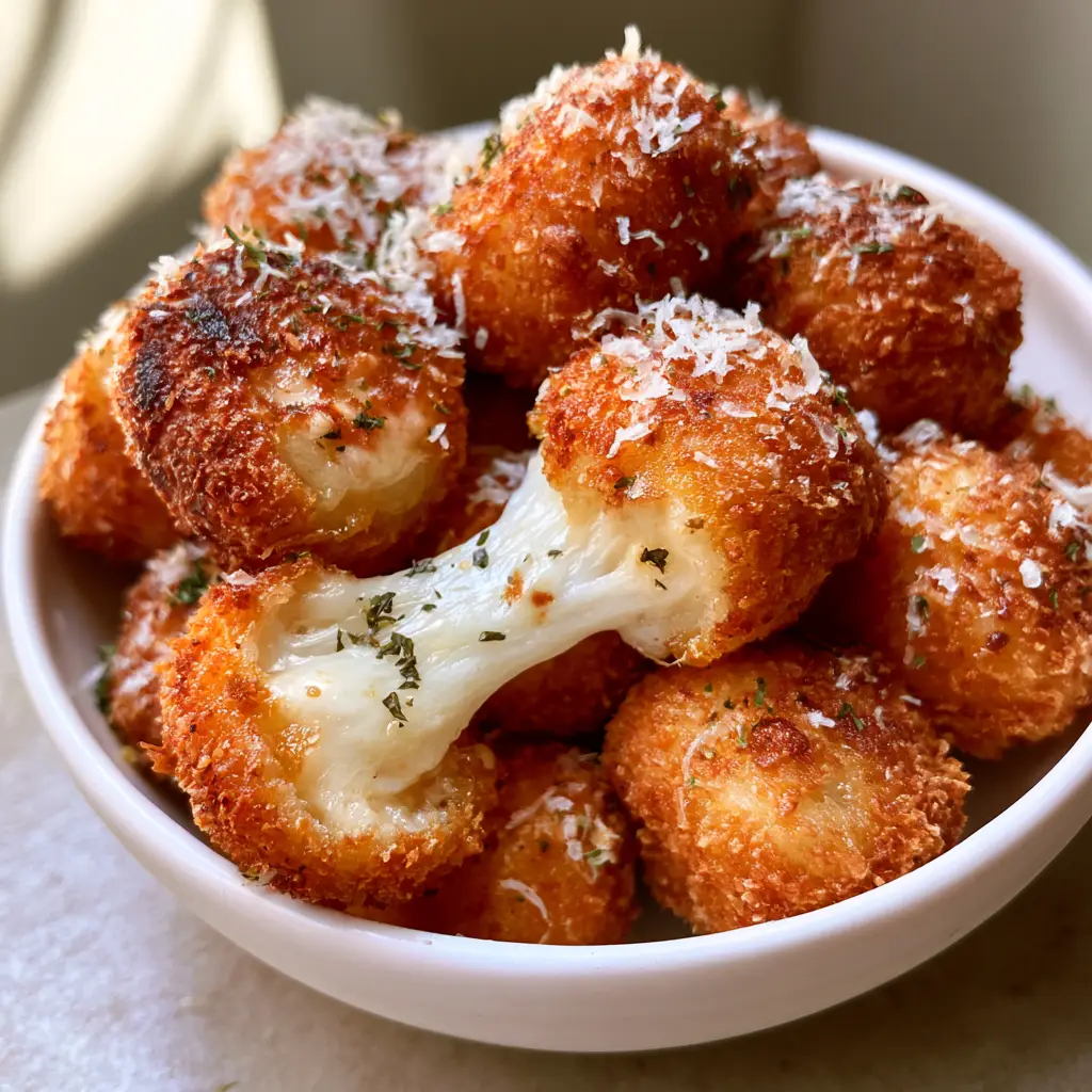 Mozzarella Bites: The Ultimate Crispy, Stringy Cheese Appetizer 1 A small white bowl of crispy mozzarella bites sitting on a light-toned surface in natural daylight.