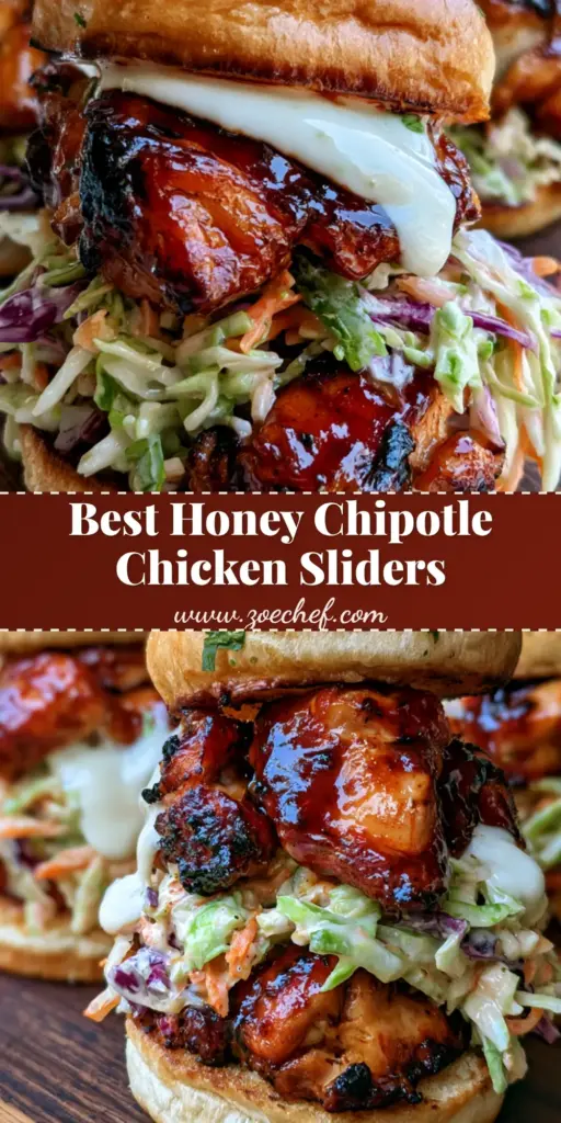 Honey Chipotle Chicken Sliders with Creamy Garlic Slaw 4 Three Honey Chipotle Chicken Sliders on a dark wooden board featuring glossy dark red glazed chicken, tri-color slaw, and a thick white garlic drizzle.