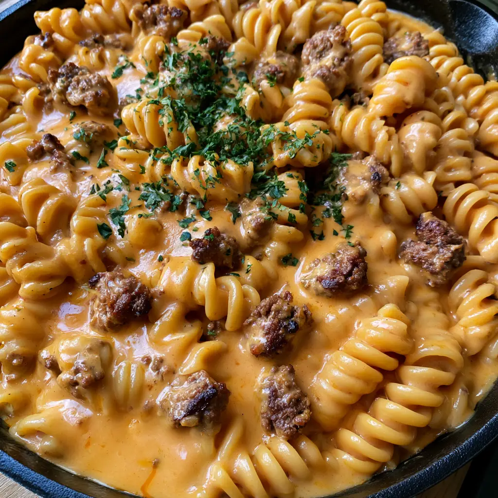 Ground Beef Pasta with Thick Cheddar Cheese Sauce 1 Detailed shot of browned ground beef crumbles mixed with cheesy rotini pasta and fresh parsley.