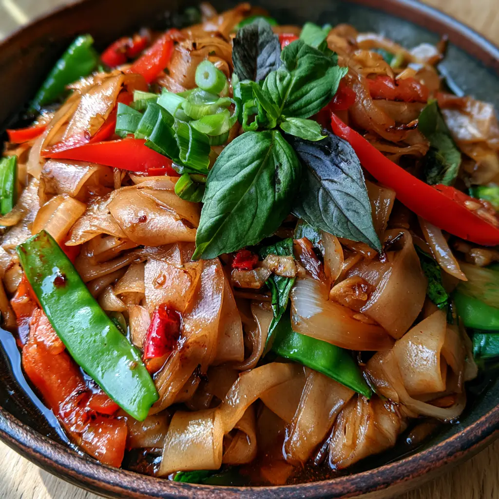 Thai Drunken Noodles (Pad Kee Mao) With Blistered Vegetables 2 A smartphone photo of Thai Drunken Noodles (Pad Kee Mao) showing glossy dark soy-based sauce and charred rice noodles mixed with green snap peas and red peppers.