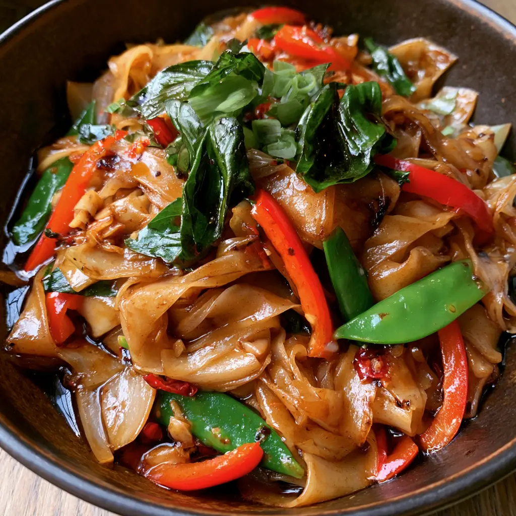 Thai Drunken Noodles (Pad Kee Mao) With Blistered Vegetables 1 Thai Drunken Noodles (Pad Kee Mao) topped with fresh dark green Thai basil leaves and sliced scallions in a dark bowl.