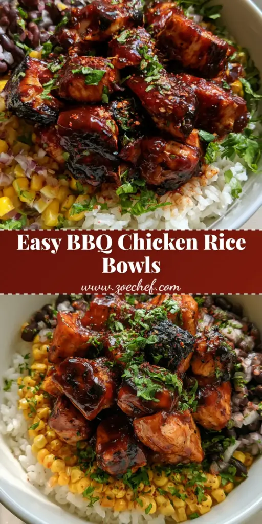 BBQ Chicken Rice Bowls: The Ultimate 20-Minute Weeknight Dinner 4 A handheld smartphone photo of BBQ Chicken Rice Bowls in a white bowl featuring glossy mahogany chicken, yellow corn, black beans, and red onion.