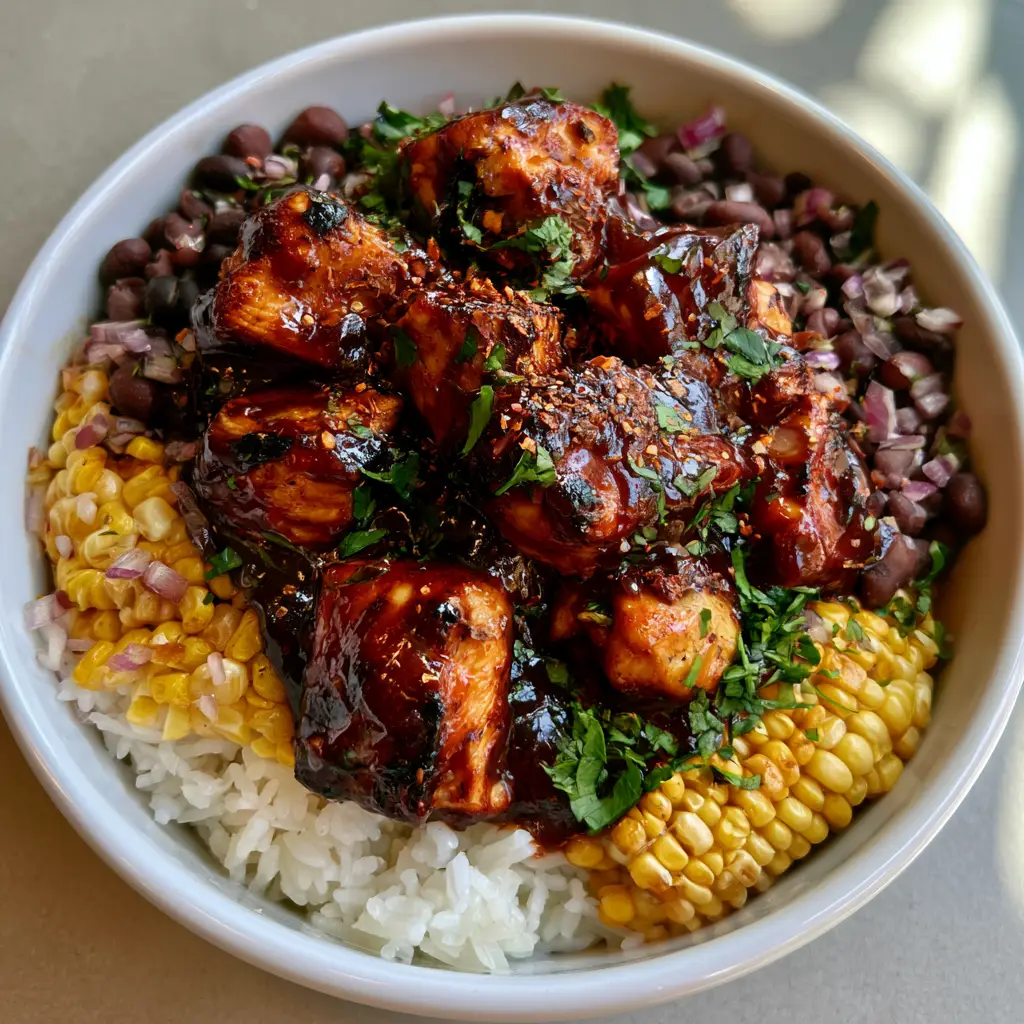 BBQ Chicken Rice Bowls: The Ultimate 20-Minute Weeknight Dinner 2 Top-down view of BBQ Chicken Rice Bowls showing distinct sections of corn, beans, and red onion with cilantro garnish.