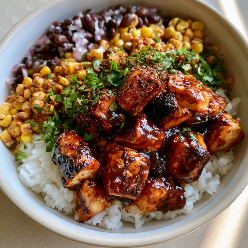 BBQ Chicken Rice Bowls: The Ultimate 20-Minute Weeknight Dinner 1 Close-up of glossy BBQ chicken cubes with charred edges and red pepper flakes in a rice bowl.