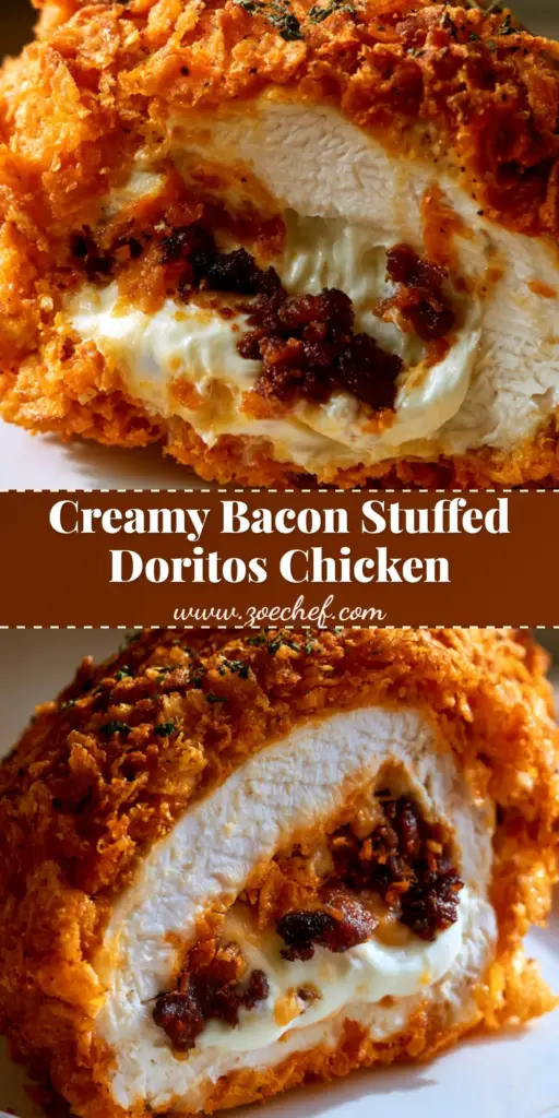 Stuffed Doritos Chicken: The Ultimate Crunchy Bacon & Cream Cheese Dinner 4 A thick chicken breast sliced open to show melted cream cheese and crispy bacon, coated in crushed orange Nacho Cheese Doritos on a white plate. (Stuffed Doritos Chicken)