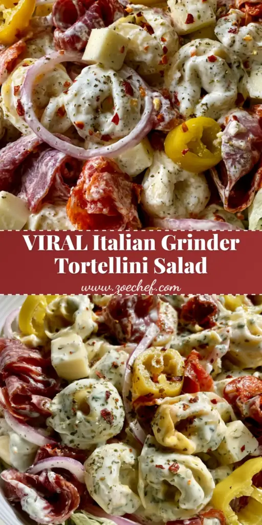 Italian Grinder Tortellini Salad: The Ultimate Creamy Pasta Salad 4 A close-up vertical shot of Italian Grinder Tortellini Salad in a white bowl, featuring creamy dressing, pepperoni ribbons, and yellow banana peppers.