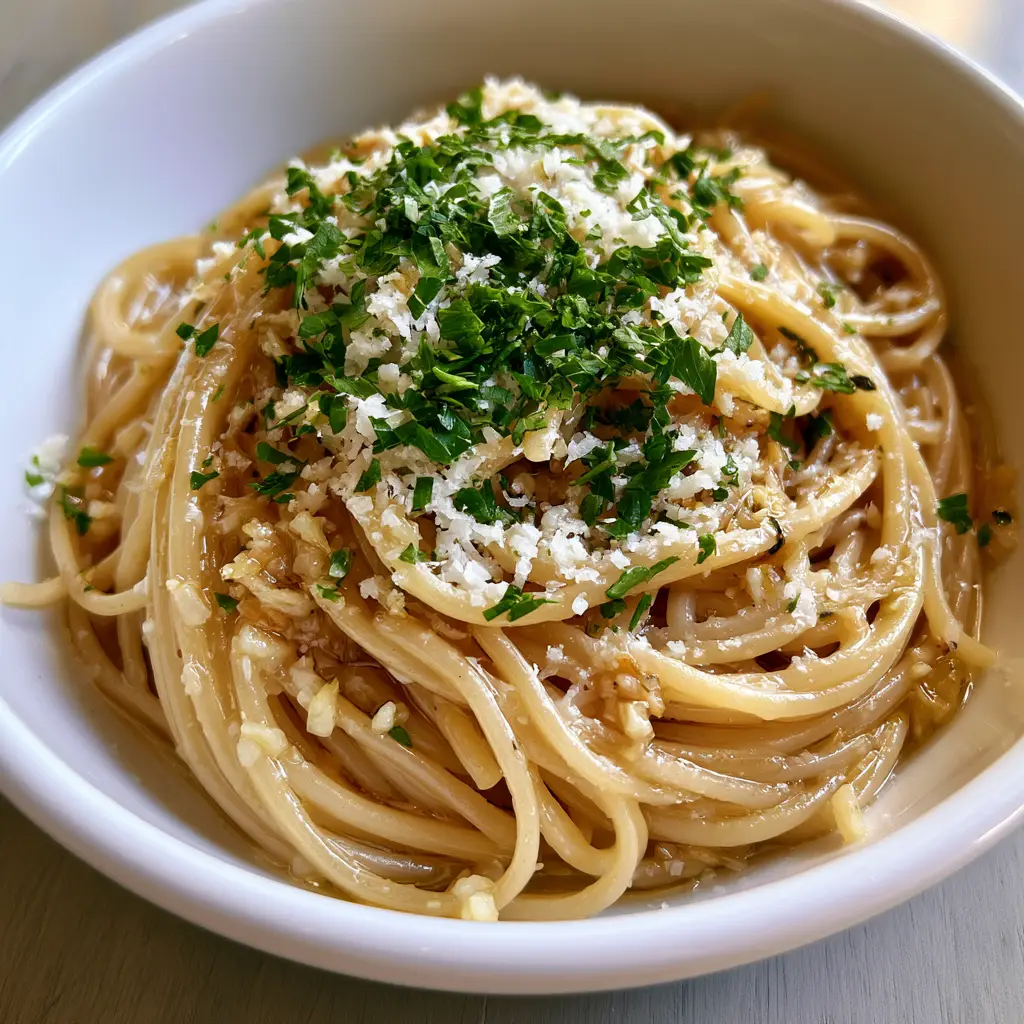 Garlic Butter Pasta: The Ultimate 15-Minute Dinner Recipe 2 Handheld smartphone photo of Garlic Butter Pasta in a white bowl, showing glossy buttery noodles and minced garlic bits.