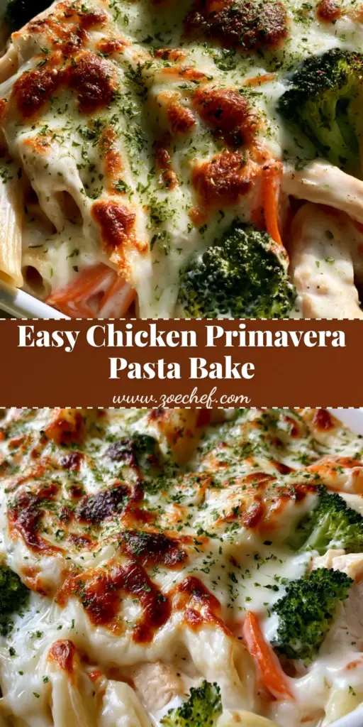 Chicken Primavera Pasta Bake: The Ultimate Creamy Weeknight Casserole 3 A close-up shot of Chicken Primavera Pasta Bake in a white ceramic dish with melted mozzarella, penne, broccoli, and carrots.