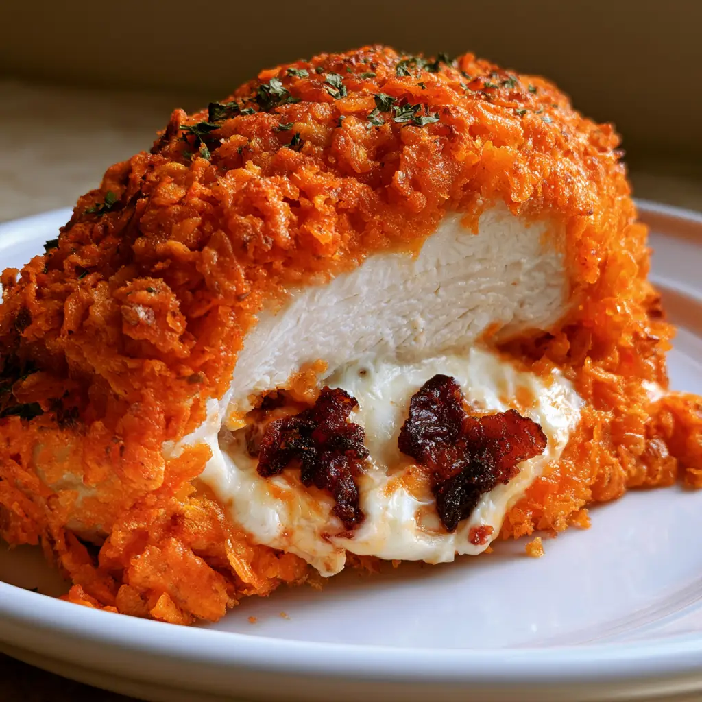 Stuffed Doritos Chicken: The Ultimate Crunchy Bacon & Cream Cheese Dinner 2 Close-up of golden-brown Stuffed Doritos Chicken showing the textured orange chip crust and moist white meat. (Stuffed Doritos Chicken)