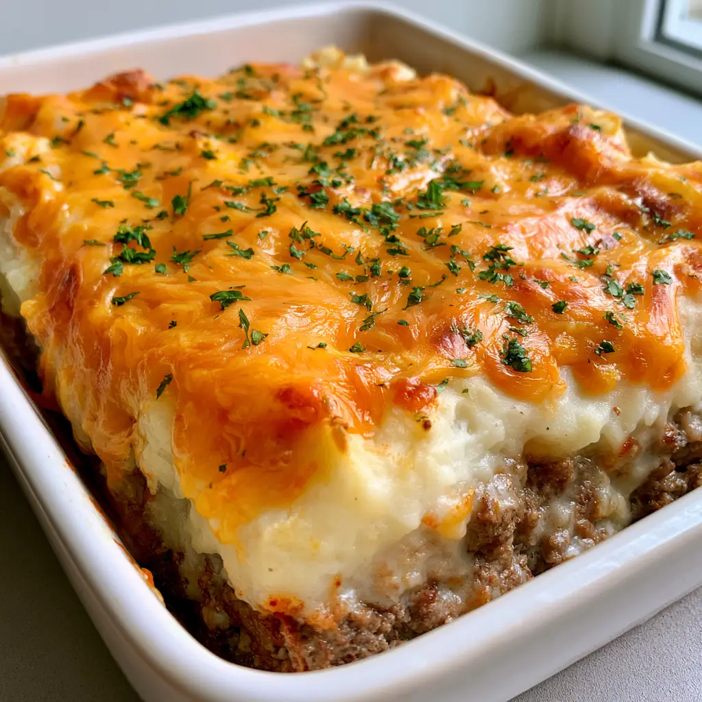 Cheesy Mashed Potato Meatloaf (The Ultimate Comfort Food) 2 Close-up of baked ground beef topped with smooth mashed potatoes and melted orange cheese. (Cheesy Mashed Potato Meatloaf)