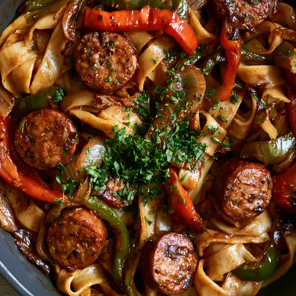 Italian Drunken Noodles with Savory Sausage and Peppers 2 Top-down view of Italian Drunken Noodles in a skillet with glossy mahogany sauce and fresh parsley garnish.