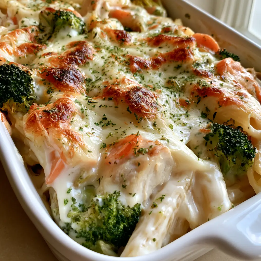 Chicken Primavera Pasta Bake: The Ultimate Creamy Weeknight Casserole 2 Smartphone photo of Chicken Primavera Pasta Bake showing glossy alfredo sauce and steamed broccoli florets.
