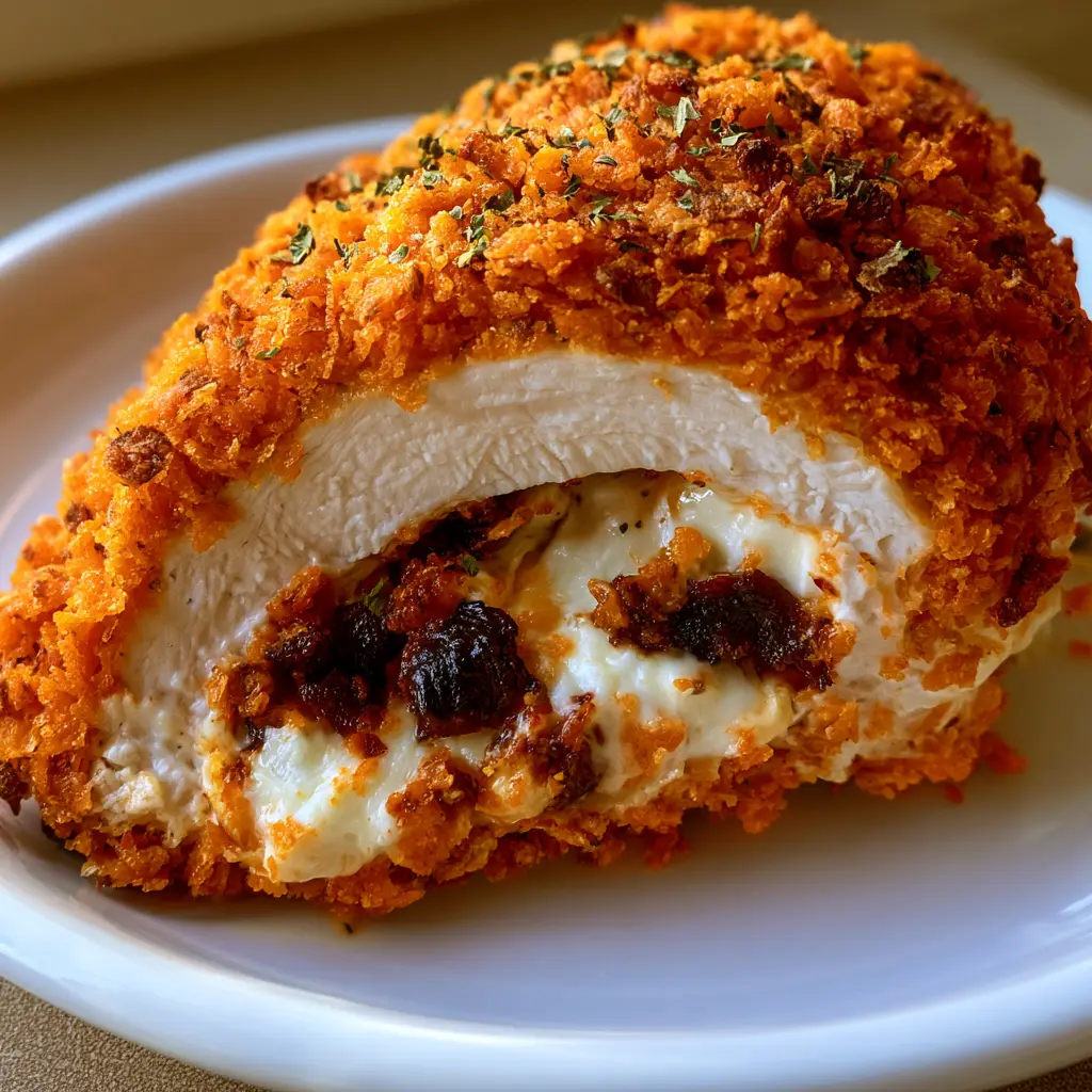 Stuffed Doritos Chicken: The Ultimate Crunchy Bacon & Cream Cheese Dinner 1 Cross-section of Stuffed Doritos Chicken revealing the melted cream cheese and dark crispy bacon bits inside. (Stuffed Doritos Chicken)