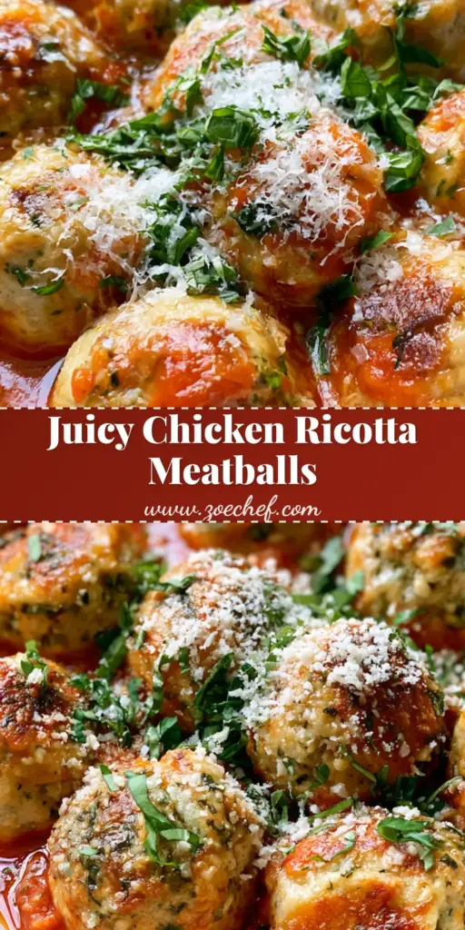 Chicken Ricotta Meatballs: The Juiciest Baked Italian Meatballs 3 A close-up vertical shot of golden-brown Chicken Ricotta Meatballs in a thick red marinara sauce, garnished with parmesan and basil.