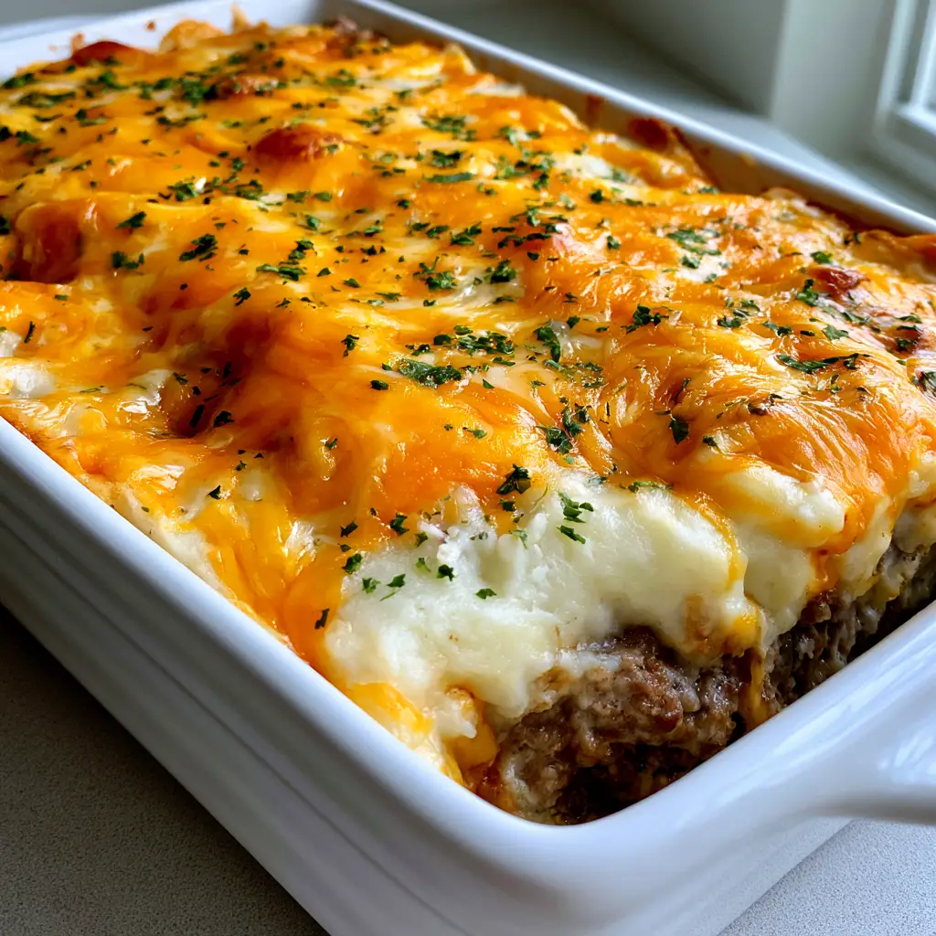 Cheesy Mashed Potato Meatloaf (The Ultimate Comfort Food) 1 Top view of a Cheesy Mashed Potato Meatloaf casserole with toasted cheese peaks and fresh parsley.